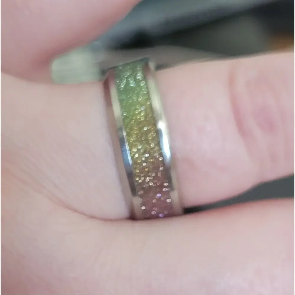 Size 9.5 (19mm) Rainbow Glitter Stainless Steel silver ring